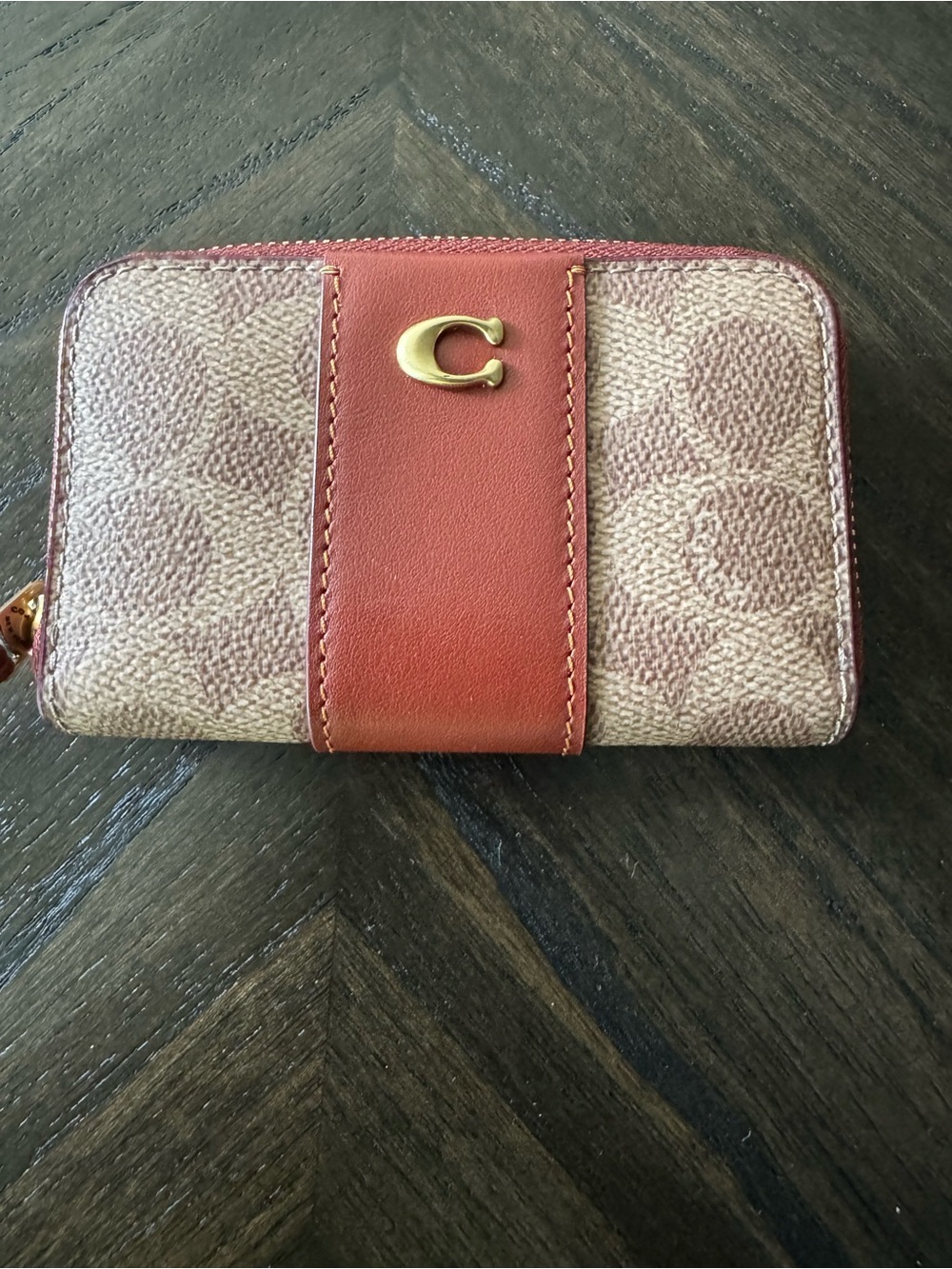 Coach Tan Canvas Zip Wallet with Coral Leather Stripe